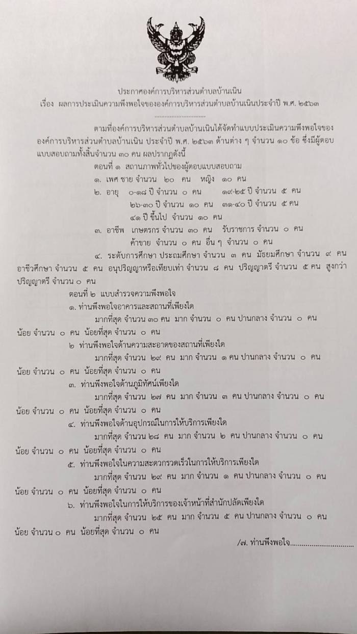 ประชาสัมพันธ์ผลการประเมินความพึงพอใจของผู้รับบริการ อบต.บ้านเนิน ประจำปี พ.ศ. 2563