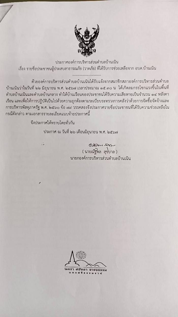 รายชื่อประชาชนผู้ประสบสาธารณะภัย (วาตภัย) ที่ได้รับการช่วยเหลือจาก อบต.บ้านเนิน